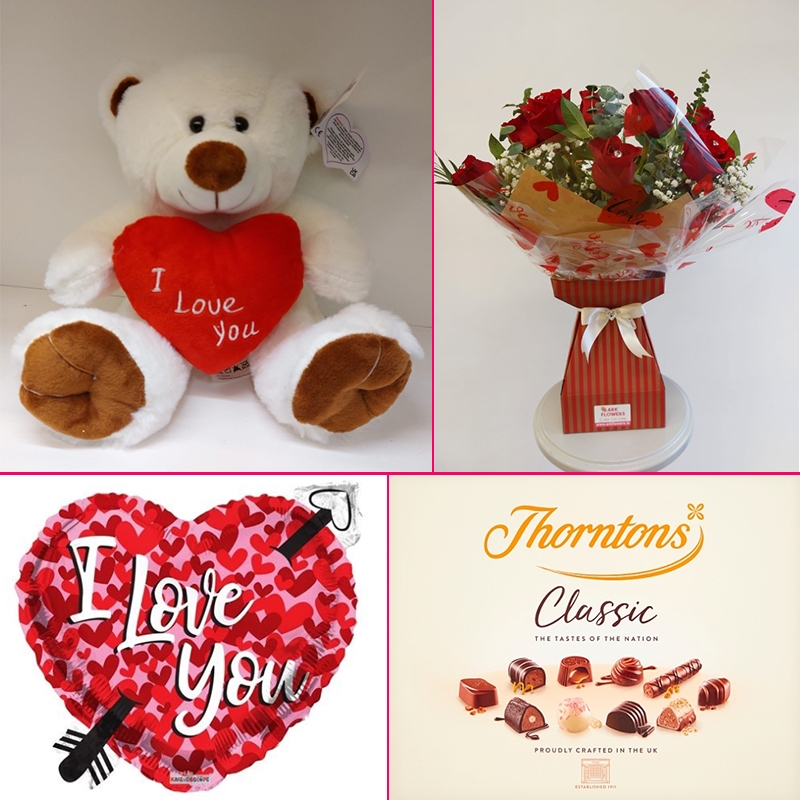 Dozen Roses, Chocolates, Teddy & Balloon